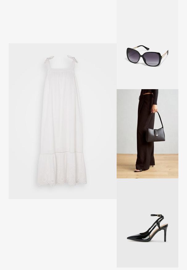 Vit ärmlös klänning med rynkad bodice, justerbara band och spetsdetaljer vid fållen. Mjuk tyg med en flödande silhuett.; Svart lackläderhögklackad slingback-sko med spetsig tå, justerbar ankelsnodd och öppna sidor. Slät textur.; Svarta överdimensionerade solglasögon med gradientlinser, tjocka bågar och kedjedetaljer i guldton vid tempelarmarna.; Svart handväska med strukturerad form, slät yta och metallspänne. Matchad med vida svarta byxor och sandaler med öppen tå på trägolv.