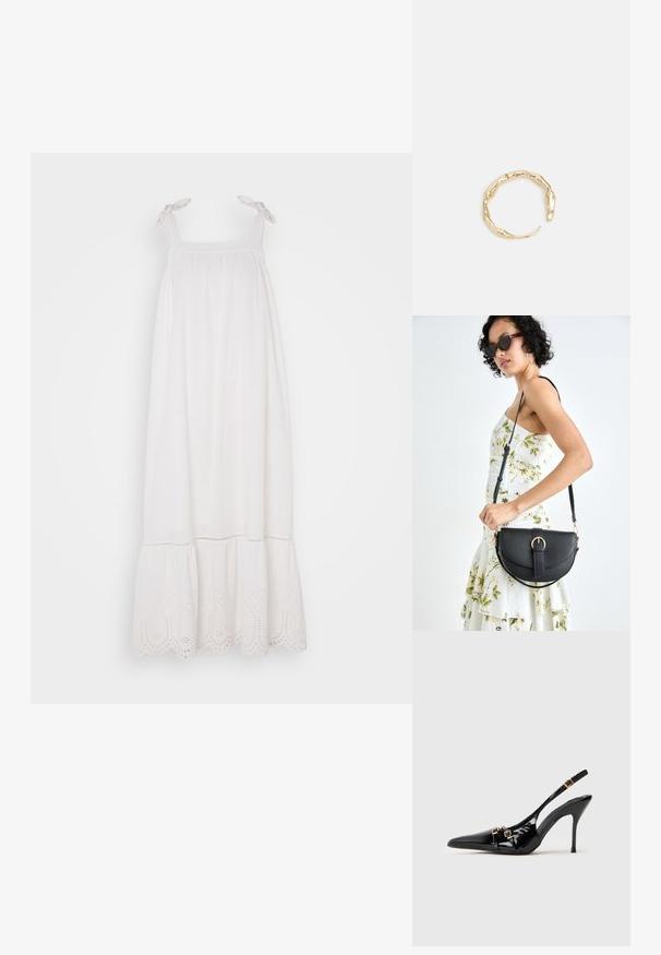 Weißes ärmelloses Kleid mit gerafftem Oberteil, verstellbaren Bindegurten und Häkelspitze am Saum. Weicher Stoff mit fließender Silhouette.; Schwarzer Lackleder-Pumps mit spitzem Zehenbereich und offener Ferse, goldenen Hardware-Details und einem eleganten Design.; Schwarze Lederhandtasche mit geschwungener Form, abnehmbarem Tragegurt und goldenen Beschlägen. Die Tasche verfügt über einen Deckel mit einer Schnallen-Details.; Goldfarbener Ring mit einem organischen, gedrehten Design, glatter Oberfläche und sich verjüngenden Enden, was ein modernes, skulpturales Erscheinungsbild erzeugt.