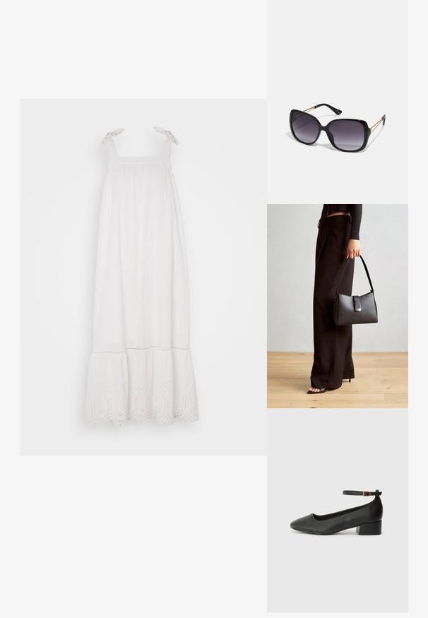 Fehér ujjatlan ruha, összegyűrt mellrésszel, állítható kötőpántokkal és horgolt csipke díszítéssel a szegélyén. Puha anyagból készült, lengedező sziluettel.; Fekete bőr magassarkú cipő hegyes orral és alacsony tömb sarkal. Bokapánttal rendelkezik, aranyszínű csattal. Simább textúra.; Fekete, oversize napszemüveg fokozatos árnyalatú lencsékkel, vastag kerettel és arany színű lánc díszítéssel a szárakon.; Fekete kézi táska strukturált formával, sima textúrával és fémből készült záródással. Széles fekete nadrággal és nyitott orrú szandállal párosítva, fából készült padlón.