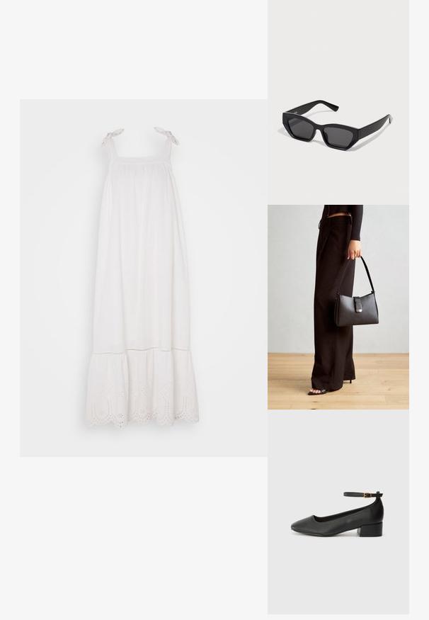 Bijela bezrukava haljina s nabranim gornjim dijelom, podesivim trakama i čipkastim obrubom na rubu. Mekana tkanina s lepršavim siluetom.; Crne kožne pumpe s oštrim vrhom i niskom blok petom. Sadrže remen oko gležnja s zlatnim kopčanjem. Glatka tekstura.; Crne pravokutne sunčane naočale s debelim okvirom, tamnim lećama i kutnastim dizajnom. Glatki plastični materijal bez vidljivih uzoraka ili naglasaka.; Crna torba s oblikom koji sadrži strukturu, glađu teksturu i metalnu kopču. Uparena s širokim crnim hlačama i sandalama na otvorenom s drvenog poda.