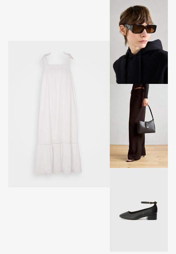 Biele bezrukávové šaty so z gathered bodicou, nastaviteľnými viazacími ramienkami a očkovou čipkou na leme. Mäkka látka s voľnou siluetou.; Čierne kožené lodičky s špicatou špičkou a nízkym blokovým podpätkom. Obsahuje remienok okolo členka so zlatým prackou. Hladký povrch.; Čierne nadrozmerné slnečné okuliare s lesklým povrchom, obdĺžnikový tvar, hnedé tónované sklá a zlatý logotyp na spolkách.; Čierna kabelka so štruktúrovaným tvarom, hladkou textúrou a kovovou sponou. V kombinácii so širokými čiernymi nohavicami a sandálmi s otvorenou špičkou na drevenej podlahe.