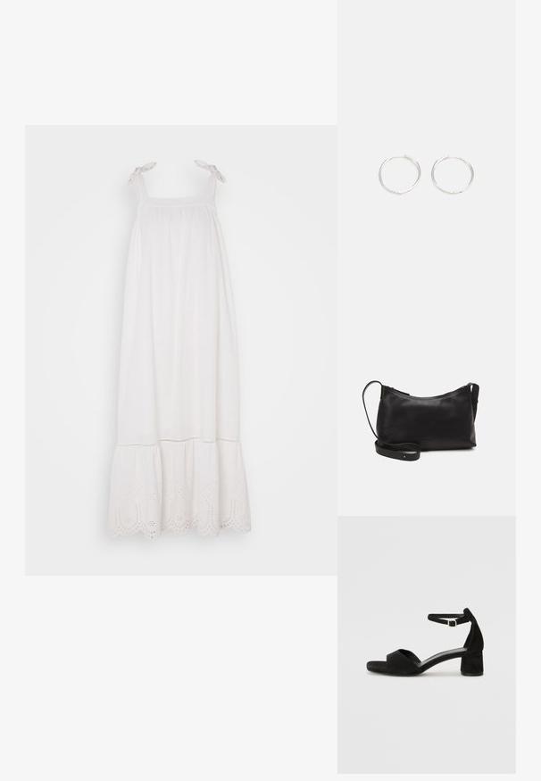 Biała sukienka bez rękawów z marszczoną górą, regulowanymi ramiączkami i koronkowym wykończeniem na dole. Miękka tkanina o swobodnym kroju.; Czarne zamszowe sandały na obcasie z cienkim paskiem wokół kostki, otwartym noskiem i skromnym słupkowym obcasem. Gładka faktura i minimalne akcenty.; Czarna skórzana torba na ramię o gładkiej fakturze, zakrzywionym kształcie, regulowanym pasku i zapięciu na zamek. Minimalistyczny design bez zdobień.; Srebrne kolczyki w kształcie obręczy o gładkim, okrągłym designie, charakteryzujące się gładką powierzchnią i brakiem widocznych ozdób. Średnica nieokreślona.