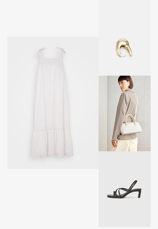 Robe blanche sans manches avec un corsage froncé, des bretelles réglables et une bordure en dentelle à œillets au niveau de l'ourlet. Tissu doux avec une silhouette fluide.; Sandale noire à lanières avec un bout carré et un petit talon bloc. Elle présente plusieurs fines lanières et une sangle de cheville ajustable. Fabriquée en cuir lisse.; Sac à main structuré blanc avec de courtes poignées et une bandoulière, doté de accents en métal doré et d'un matériau texturé, présenté sur un fond gris.; Boucle d'oreille en métal doré avec un design élégant et courbé. Présente une forme conique distinctive, une surface polie et une fermeture à charnière.