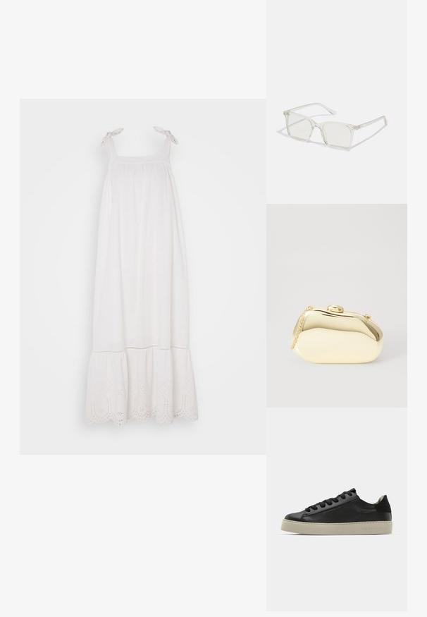Bílé bezrukávové šaty se skladbou v oblasti prsou, nastavovacími zavazovacími ramínky a krajkovým lemem s očky. Měkká tkanina s splývavým siluetou.; Černé kožené tenisky s kulatou špičkou, šněrováním vpředu a silnou krémovou gumovou podrážkou. Na boku se nachází ražený detail značky.; Průhledné plastové brýle čtvercového rámečku s průsvitnými čočkami, které mají zlaté akcenty na spáncích pro zvýraznění detailů.; Metalická zlatá kabelka s hladkým, zaobleným tvarem, opatřená horním zapínáním na knoflík a malým řetízkovým popruhem pro nošení.