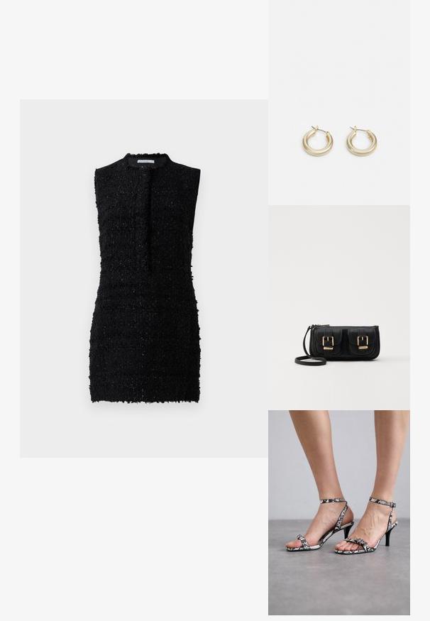 Crna bezrukavna haljina izrađena od teksturiranog materijala s blago labavim krojem, s visokim izrezom i minimalnim detaljima.; Crno-bijele sandale na visokom potpetici s uzorkom zmijske kože, s tankim trakama i malim detaljem kopče. Potpetica je vitka i šiljata.; Crna kožna torba preko ramena s dva prednja džepa, zlatnim kopčama, zatvaranjem na zip i uskim remenom. Teksturirana površina i kompaktan pravokutan oblik.; Lauren Ralph Lauren BASIC SMALL HOOP - Naušnice - gold-coloured