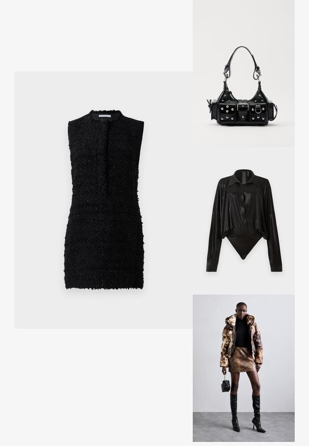 Čierne bezrukávové šaty z textúrovanej tkaniny s mierne voľným strihom, s vysokým výstrihom a minimálnymi detailmi.; Čierny body s dlhými rukávmi, výstrihom do V a priliehavým strihom. Vyrobené z lesklého, hladkého materiálu so štruktúrovaným golierom a manžetami.; Bundička s kapucňou so hnedo-čiernym vzorom, skombinovaná s mini suknou s hadím vzorom v hnedej farbe, čiernymi čižmami po kolená a malou čiernou kabelkou.; Čierna kožená kabelka s zakriveným dizajnom, doplnená striebornými cvočkami, prackou a dvoma bočnými vreckami. Nastaviteľný popruh poskytuje rôzne možnosti nosenia.