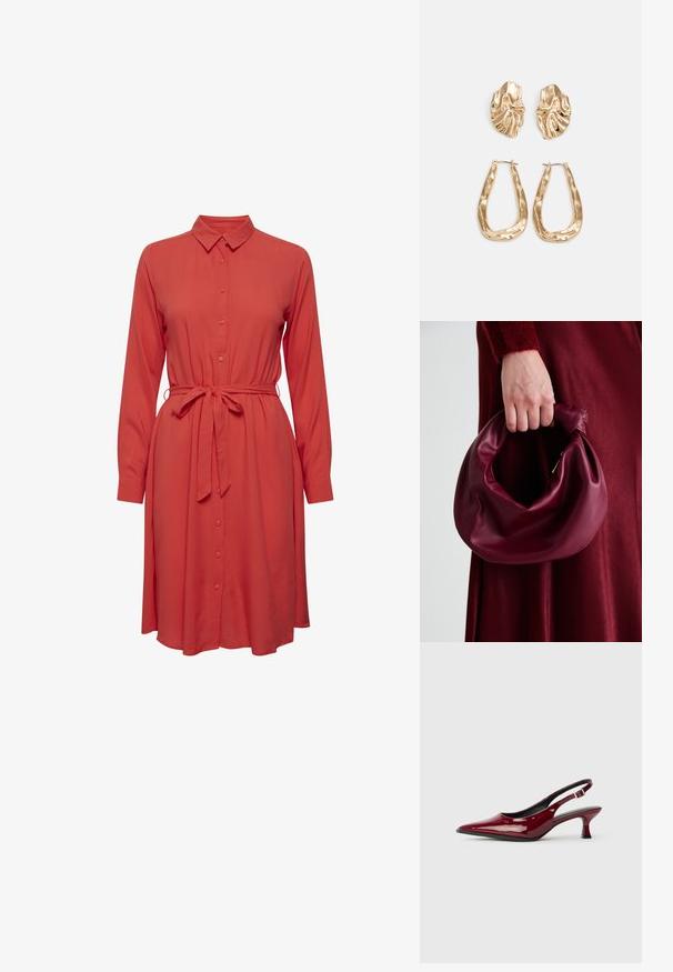Raudona suknelė su ilgomis rankovėmis, mygtukų užsegimu priekyje ir diržu juosmenyje. Minkšta medžiaga ir sklandi, laisva siluetas.; Burgundiško lakuoto odos slingback kulniukai su smailiu smailiu ir elegantišku stiletto kulnu. Atvira nugaros konstrukcija su reguliuojamu kulkšnies dirželiu.; Bordo odinė rankinė su minkštu, susiraukšlėjusiu dizainu ir apvalia forma. Rankena yra tvirtai pritvirtinta, atskleidžianti lygią tekstūrą.; Auksinės auskarai, turintys tekstūruotus, bangų formos elementus. Įeina skulptūriniai segami auskarai ir atviri lankai su išmuštu paviršiumi.
