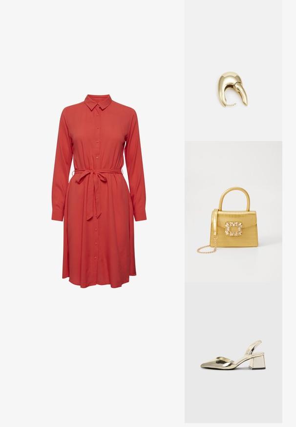 Punane särgidress pikade varrukatega, nupuga esiosa ja vöö seeliku ümber. Pehme kangas ja voolav, lõtv siluett.; Kuldne, metallilised slingback-kudumid terava varba ja paksu kontsaga. Sile tekstuur, minimalistlik disain ja kitsas rihm.; Kollane faux-krokodilli käsipindaga kott, millel on struktureeritud disain, ülemine käepide, eemaldatav kettmass ja dekoratiivne kristallkaunistus klambril.; Kuldtooni metallist kõrvarõngas, millel on elegantne ja kaarjas disain. Omab silmapaistvat teravat kuju, poleeritud pinda ja hingesulgemist.