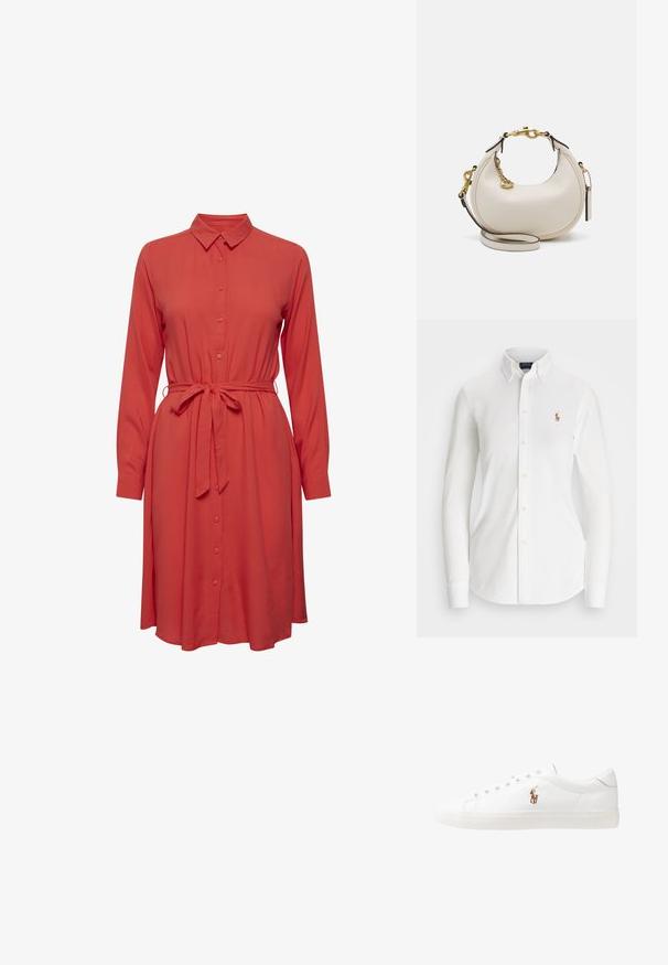 Abito camicia rosso con maniche lunghe, chiusura frontale a bottoni e cintura in vita. Tessuto morbido e silhouette fluida e rilassata.; Camicia bianca a maniche lunghe con colletto a punta, realizzata in cotone. Presenta un piccolo logo ricamato sul petto sinistro.; Sneakers in pelle bianca, design low-top, caratterizzati da una texture liscia, punta rotonda, chiusura con lacci e un piccolo logo ricamato sul lato.; Borsa a mano in pelle crema a forma di mezzaluna, con accessori in oro, dettagli neri e una tracolla rimovibile. Presenta una dettagli in catena e un'etichetta.