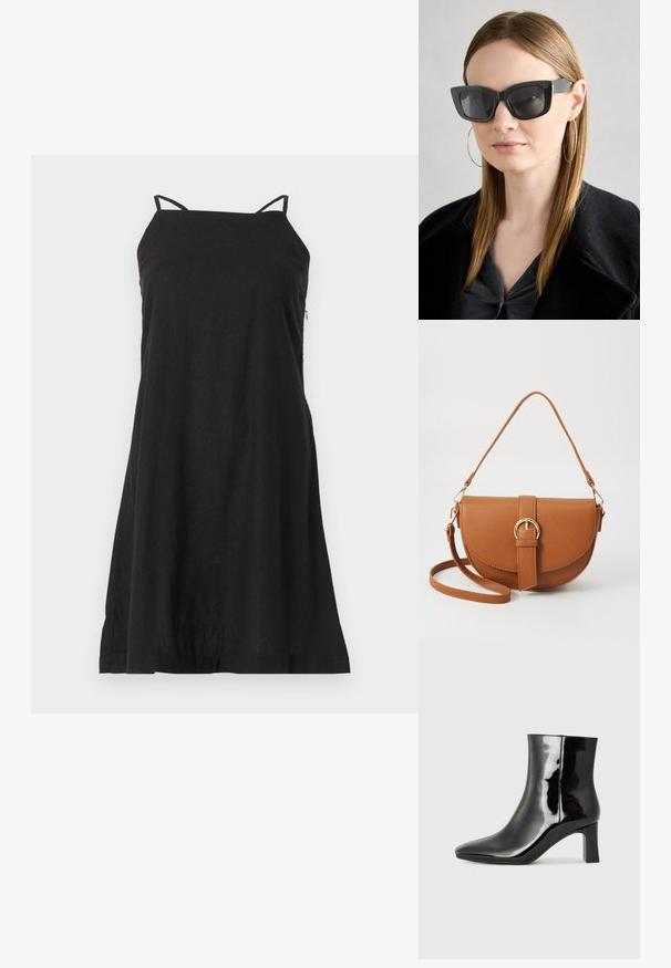 Čierne, bezrukávové šaty s tenkými ramienkami, vyrobené z ľahkej látky. Majú voľný siluetu A-lične s rovnou spodnou časťou.; Čierne lakované členkové topánky s špicatou špičkou a stredne vysokým blokovým podpätkom. Hladká textúra a minimalistický dizajn.; Čierne mačacie slnečné okuliare s tmavými sklami, hrubými obručami a jemnými detailami. Nosí sa s čiernym kabátom a sivým topom, pričom má dlhé rovné vlasy.; Hnedá kožená kabelka cez telo s zakriveným tvarom, zlatými kovovými doplnkami a akcentom s prackou. Obsahuje odnímateľný ramenný popruh.