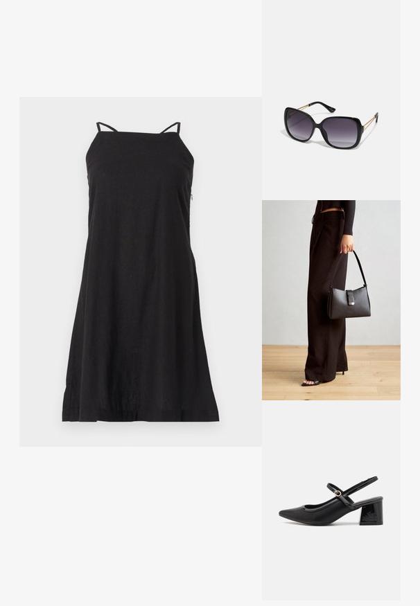 Svart, ermeløs kjole med tynne stropper, laget av lett stoff. Har en løs, A-formet silhuett med rett kant.; Sorte lakk lær slingback hæler med spiss tå, et avrundet utskjæringsdesign og blokkheel. Har en gulltone spenne som detalj.; Sorte oversized solbriller med gradient linser, tykke rammer og detaljering med gulltonekjede på tempelarmene.; Svart håndveske med strukturert form, jevn tekstur og metallisk lås. Kombinert med brede svarte bukser og sandaler med åpen tå på tregulv.