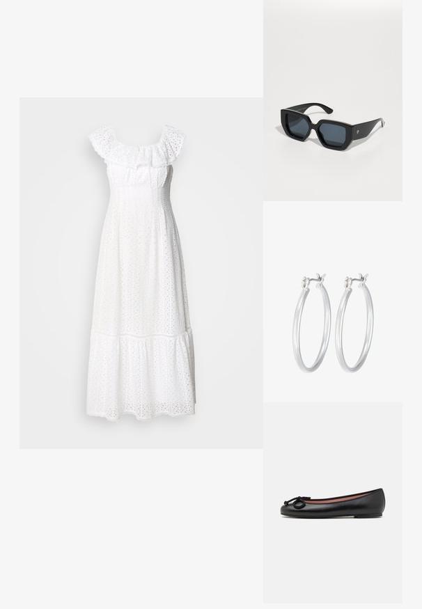 Weißes Midi-Kleid mit gerüschtem Ausschnitt, Broderie Anglaise-Textur, tailliertem Oberteil und gestuftem Rock mit gewelltem Saum.; Schwarze Lederballerinas mit runder Zehenpartie, ausgestattet mit einer dekorativen Schleife und glatter Textur. Minimalistisches Design mit einer niedrigen, flachen Sohle.; Schwarze, übergroße Sonnenbrillen mit geometrischem Design, rechteckigen Gläsern und glänzender Oberfläche. Keine sichtbaren Markenkennzeichnungen auf der Vorderseite.; Silberne Creolen mit einer glatten, polierten Oberfläche. Runder Form und sicherem Klickverschluss. Leichtes Design, geeignet für den täglichen Gebrauch.