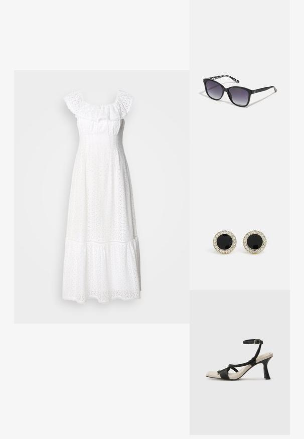 Biela midi šaty s volánkovým výstrihom, textúrou broderie anglaise, priliehavým korzetom a vrstvenou sukňou s volánkovým lemom.; Čierne sandále na podpätku s pleteným pásikom, štvorcovou špičkou a nastaviteľným remienkom okolo členka. Svetlobéžová stielka s lesklým čiernym podpätkom.; Čierne slnečné okuliare s gradientnými sklami, štvorcového tvaru a štruktúrovaným čierno-bielym vzorom na straniciach. Obsahujú strieborný akcent loga.; DKNY INLAY STUD - Náušnice - black/gold-coloured