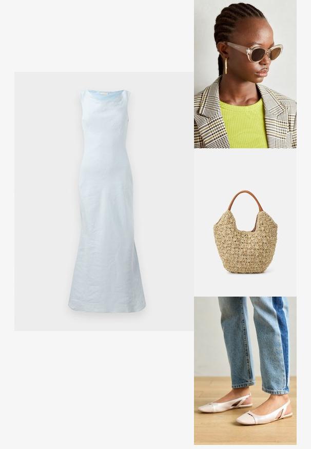 Light blue sleeveless dress with a rounded neckline, fitted bodice, and flared hem. Made of smooth fabric with a subtle texture.; Pale pink slingback flats with a pointed toe, made from a smooth leather-like material. Features cut-out details at the sides and a flat heel.; Clear cat-eye sunglasses with brown lenses and transparent frames. Model wearing a green ribbed top and checkered blazer. Gold hoop earrings.; Woven straw tote bag with a natural texture and a soft, organic shape, featuring brown leather handles for easy carrying.
