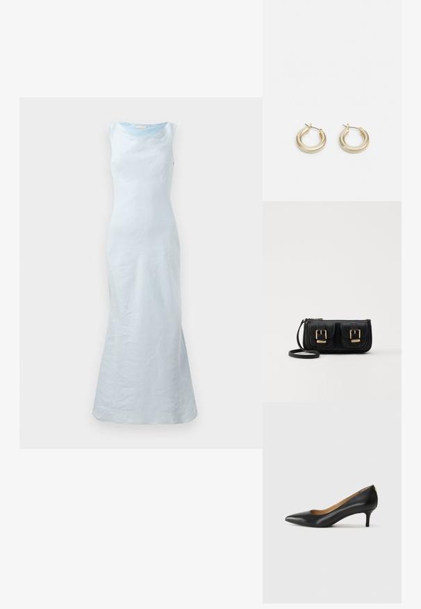 Vestido sem mangas azul claro com decote redondo, corpete justo e bainha rodada. Feito de um tecido suave com uma textura sutil.; Sapato de salto alto em pele preta com bico fino, salto baixo e textura suave. Apresenta uma ligeira abertura na parte da frente e mínima ferragem na parte de trás.; Bolsa de ombro em couro preto com dois bolsos frontais, fivelas douradas, fecho de zíper e uma alça fina. Superfície texturizada e forma retangular compacta.; Lauren Ralph Lauren BASIC SMALL HOOP - Brincos - gold-coloured