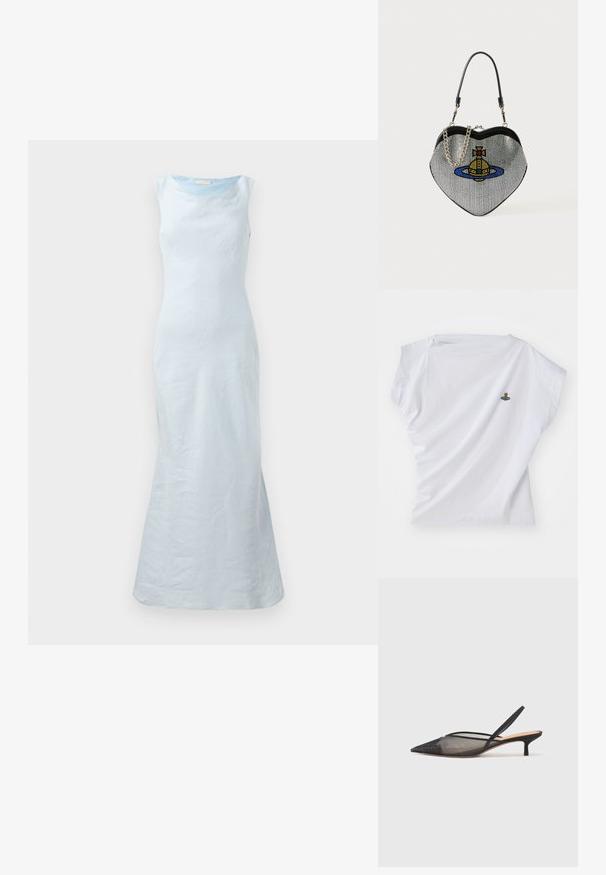 Vestido sem mangas azul claro com decote redondo, corpete justo e bainha rodada. Feito de um tecido suave com uma textura sutil.; T-shirt branca de manga curta feita de algodão, com um pequeno design bordado de um urso numa nave espacial azul no peito.; NEOUS IRENA - Saltos clássicos - black; Bolsa em forma de coração feita de rede com um acabamento metálico, apresentando um design de gato e planeta em azul, amarelo e vermelho. Inclui uma alça em corrente.