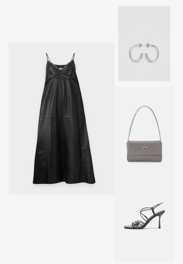 Rochie maxi din piele neagră cu bretele subțiri. Prezintă un decolteu în V și decupaje subtile cu cusături decorative. Textură netedă, siluetă lejeră.; Sandale negre cu toc înalt au curele subțiri cu un design legat, un vârf pătrat neted și un toc stiletto elegant.; Geantă metalică gri deschis, cu un strap din lanț, decorată cu mici ținte circulare metalice și un logo de marcă triangular.; Cercei rotunzi din argint cu un finisaj neted și strălucitor. Design ușor, având o formă rotundă și închidere cu tijă.
