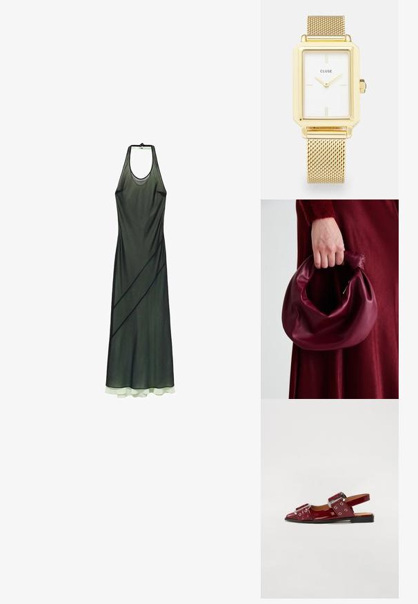 Abito a collo halter in tessuto trasparente verde scuro con righe diagonali e un orlo sovrapposto di verde chiaro. Texture liscia, design fino al pavimento.; Scarpe slingback in pelle verniciata bordeaux con punta appuntita, caratterizzate da due cinturini regolabili con fibbie e dettagli in metallo argentato.; Borsa in pelle bordeaux con un design morbido e arricciato e una forma arrotondata. Il manico è fissato, mostrando una texture liscia.; Orologio rettangolare dorato con quadrante bianco, indicatori delle ore minimalisti e cinturino in metallo a rete. Presenta una corona laterale per la regolazione dell'ora.