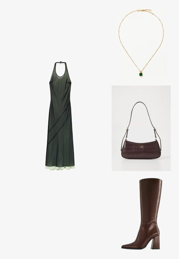 Sukienka z halterem w przezroczystym, ciemnozielonym materiale z ukośnymi liniami i warstwowym, jasnozielonym dołem. Gładka tekstura, sięgająca podłogi.; Brązowy skórzany but do kolan z szpiczastym noskiem i masywnym, przezroczystym obcasem. Gładka faktura z minimalnymi detalami.; Burgundzka torebka z teksturą krokodylej skóry, w kształcie zakrzywionym, z akcentem w postaci złotego logo. Posiada pojedynczy pasek ze złotymi elementami.; Missoma LUCY WILLIAMS złoty