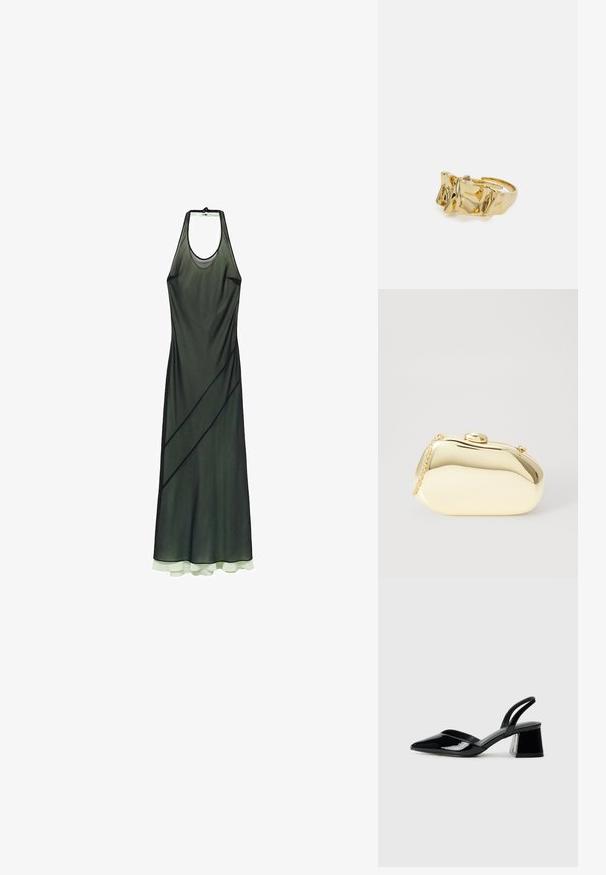 Halter-neck dress in sheer dark green fabric with diagonal lines and a layered, light green hem. Smooth texture, floor-length design.; Black patent leather slingback heels with a pointed toe and a geometric block heel. Features a sleek, minimal design and smooth texture.; Metallic gold clutch with a smooth, rounded shape, featuring a top button clasp and a small chain strap for carrying.; Gold ring with textured, wavy design featuring three prominent peaks. Smooth, shiny surface with an open band for adjustable fit.