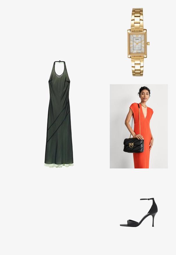 Halter-neck jurk van doorschijnende donkergroene stof met diagonale lijnen en een gelaagde, lichtgroene zoom. Soepele textuur, vloerlengte ontwerp.; Mango Sandalen met hoge hak - black; Zwarte leren handtas met een doorgestikt ontwerp en gouden hardware, met een decoratieve sluiting. De tas heeft een kettingschouderband en wordt in de hand gehouden.; Gouden rechthoekige polshorloge met een witte wijzerplaat, zilverkleurige uurmarkeringen en een duurzame metalen schakelarmband. Inclusief waterdichte functie.