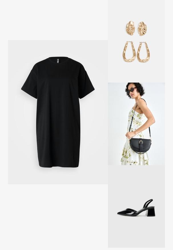 T-shirt oversized preto feito de algodão suave, com decote redondo e mangas curtas. Design simples sem padrões ou detalhes.; Sandy em verniz preto com salto slingback, ponta afilada e salto geométrico. Apresenta um design elegante e minimalista com textura suave.; Bolsa de couro preta com forma curva, alça destacável e detalhes em dourado. A bolsa possui uma aba com detalhe de fivela.; Brincos em tom de ouro com formas onduladas e texturizadas. Inclui studs escultóricos com presilha e um design de argola aberta com um acabamento martelado.