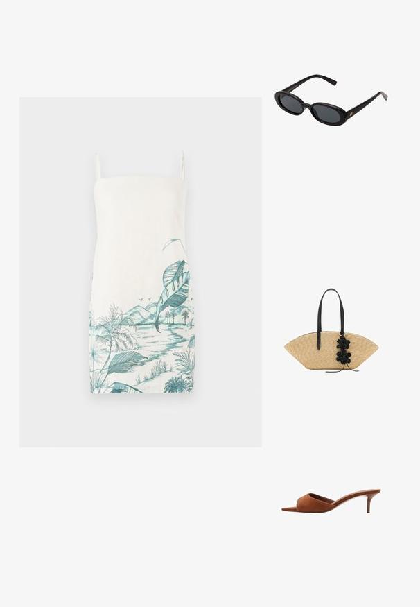 Bez rukava, krem haljina s tirkiznim botaničkim uzorkom koji sadrži lišće, planine i vodu, napravljena od laganog materijala.; Smeđe suknene mule otvorenog vrha s zakrivljenim dizajnom, s niskom stiletto petom i glatkim, minimalističkim linijama.; Crne velike sunčane naočale s ovalnim staklima, glatkim plastičnim okvirom i zlatnim detaljima na sljepočnicama. Tamna stakla pružaju zaštitu od sunca.; Torba od slame s širokim, oblikom ventila, crnim kožnim ručkama i crnim cvjetnim detaljima s jedne strane.