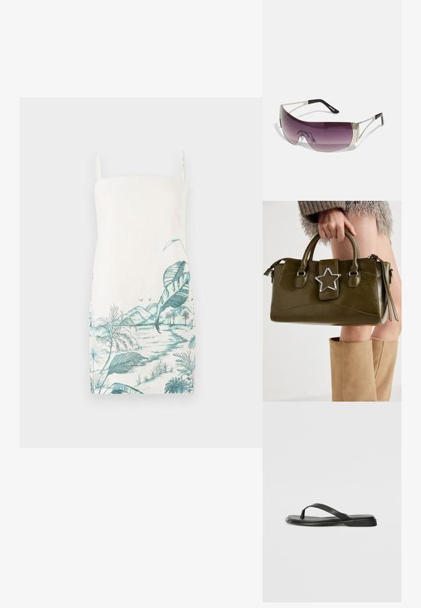 Sleeveless, cream dress with a turquoise botanical landscape print featuring leaves, mountains, and water, made of lightweight fabric.; Black flip-flop made of smooth leather, featuring a thin strap design and a flat sole with a minimal profile. No notable patterns or accents.; Sunglasses with a large, curved purple lens, silver metal accents, and black temples featuring a logo. Textured details on the frame are visible.; Olive green faux leather handbag with silver star accent, dual handles, and a zip closure. Textured surface and structured shape.