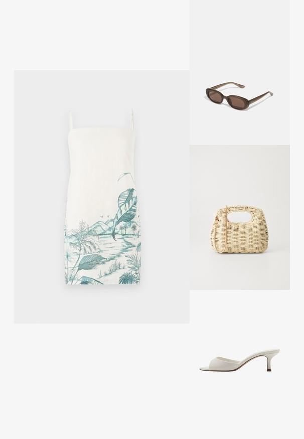 Abito senza maniche color crema con stampa botanica in turchese che presenta foglie, montagne e acqua, realizzato in tessuto leggero.; Mule con tacco alto, aperti davanti e di colore bianco, con una finitura liscia, design minimalista e tacco slanciato, caratterizzati da un sottile accento marrone sulla suola.; Occhiali da sole ovali marroni con lenti scure. La montatura è realizzata in un materiale marrone trasparente e presenta un logo stampato sulle tempie.; Borsa in paglia intrecciata di colore beige chiaro, dalla forma arrotondata, con apertura superiore e tracolla removibile. Texture notevole e motivo di intreccio intricato.