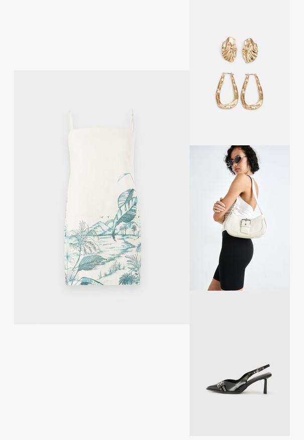 Bezručkov dress krémovej farby so tyrkysovým botanickým vzorom zobrazujúcim listy, hory a vodu, vyrobené z ľahkého materiálu.; Čierne lakované kožené slingback topánky s špicatou špičkou, remienkami okolo členku s striebornými prackami a hardvérom, a štíhlým podpätkom.; Biely kožený kabelka s zakriveným tvarom, nastaviteľným popruhom a malým detailom pracky. Model nosí priliehavý čierny outfit.; Náušnice v zlatej farbe s textúrovanými, vlnitými tvarmi. Obsahujú sochárske klipsové náušnice a otvorený tvar krúžku s kladivkovým povrchom.