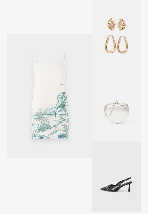 Robe sans manches de couleur crème avec un imprimé botanique turquoise représentant des feuilles, des montagnes et de l'eau, fabriquée en tissu léger.; Chaussure slingback en cuir verni noir avec un embout pointu, des brides de cheville avec des boucles en argent et des éléments en métal, et un talon fin.; Pochette en métal argenté en forme de cœur avec une texture lisse, fermeture à clapet et une bandoulière en chaîne argentée.; Boucles d'oreilles dorées présentant des formes texturées et ondulées. Comprend des clips sculpturaux et un design de créoles ouvertes avec une finition martelée.