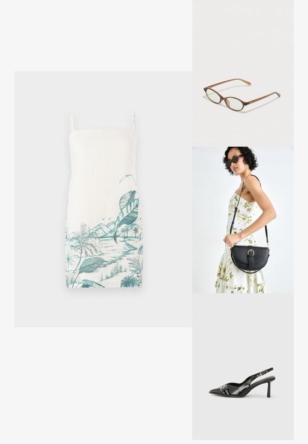Vestido sin mangas color crema con un estampado de paisaje botánico turquesa que presenta hojas, montañas y agua, hecho de una tela ligera.; Zapato de charol negro tipo slingback con punta afilada, correas al tobillo con hebillas y herrajes de plata, y un tacón delgado.; Gafas de carey marrón con lentes ovalados, patas delgadas y acentos transparentes. Presenta un sutil logo en la varilla. Diseño elegante y ligero.; Bolso de piel negra con forma curva, correa desmontable y herrajes dorados. El bolso cuenta con una solapa con un detalle de hebilla.