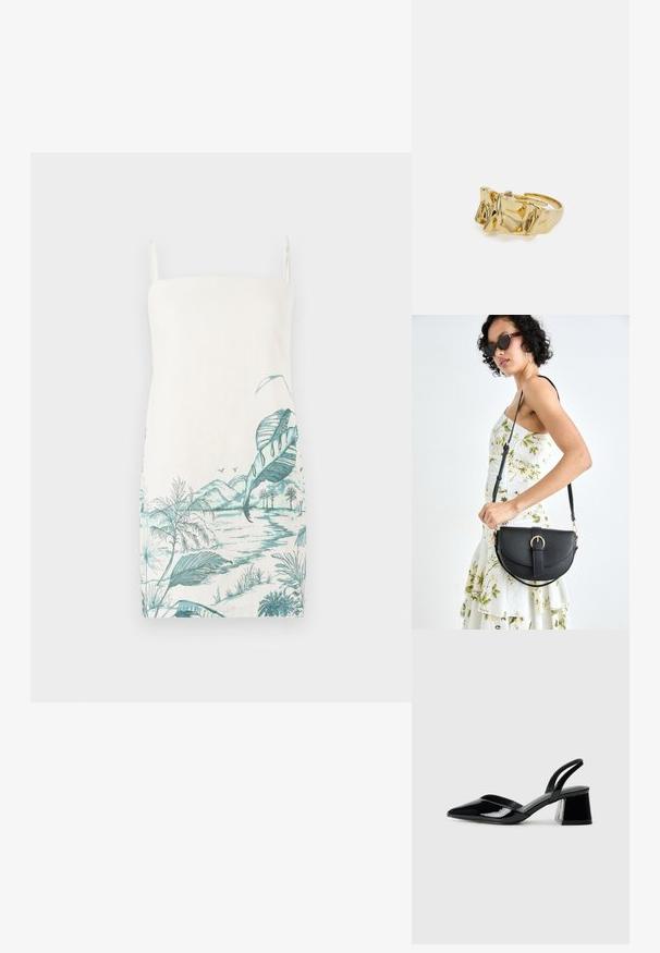 Abito senza maniche color crema con stampa botanica in turchese che presenta foglie, montagne e acqua, realizzato in tessuto leggero.; Décolleté in vernice nera con punta affusolata e tacco in geometria cubica. Presentano un design elegante e minimalista, con una texture liscia.; Borsa a tracolla nera in pelle con una forma curva, manico rimovibile e accessori dorati. La borsa presenta una patta con un dettaglio a fibbia.; Anello d'oro con design testurizzato e ondulato, caratterizzato da tre picchi prominenti. Superficie liscia e lucida con una fascia aperta per una vestibilità regolabile.
