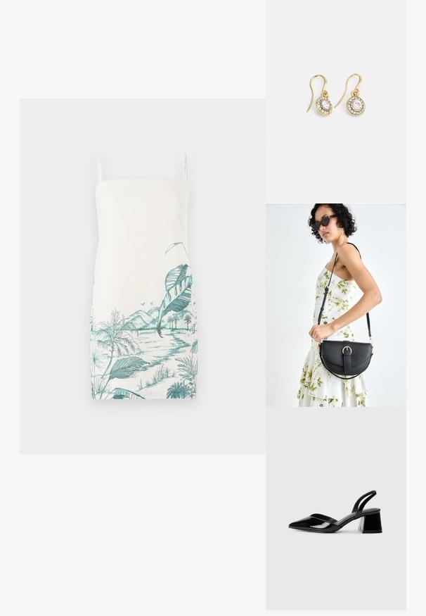 Abito senza maniche color crema con stampa botanica in turchese che presenta foglie, montagne e acqua, realizzato in tessuto leggero.; Décolleté in vernice nera con punta affusolata e tacco in geometria cubica. Presentano un design elegante e minimalista, con una texture liscia.; Borsa a tracolla nera in pelle con una forma curva, manico rimovibile e accessori dorati. La borsa presenta una patta con un dettaglio a fibbia.; Orecchini color oro con cristalli trasparenti di forma ovale circondati da pietre più piccole e trasparenti, dotati di un design a gancio per una vestibilità sicura.