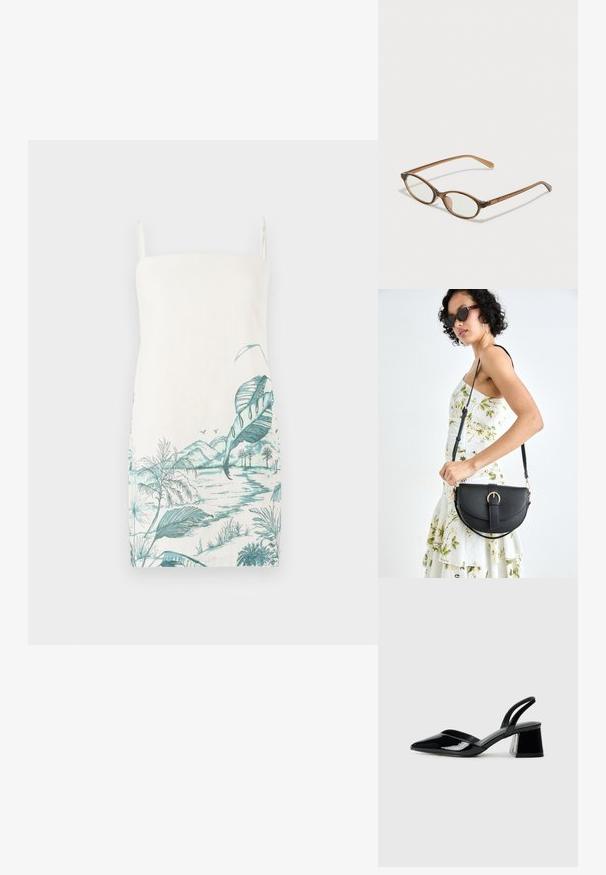 Ärmelloses cremefarbenes Kleid mit einem türkisfarbenen botanischen Landschaftsdrift, der Blätter, Berge und Wasser zeigt, aus leichtem Stoff gefertigt.; Schwarze Lackleder-Slingback-High Heels mit spitzem Schuh und einem geometrischen Blockabsatz. Verfügt über ein schlankes, minimalistisches Design und eine glatte Textur.; Braune Schildpatt-Brille mit ovalen Gläsern, dünnen Bügeln und transparenten Akzenten. Verfügt über ein dezentes Logo am Bügel. Elegantes, leichtes Design.; Schwarze Lederhandtasche mit geschwungener Form, abnehmbarem Tragegurt und goldenen Beschlägen. Die Tasche verfügt über einen Deckel mit einer Schnallen-Details.