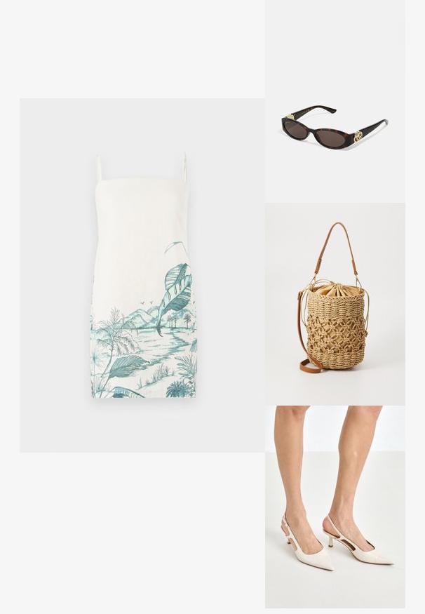 Robe sans manches de couleur crème avec un imprimé botanique turquoise représentant des feuilles, des montagnes et de l'eau, fabriquée en tissu léger.; Escarpins à talon slingback en cuir verni beige avec un bout pointu et un talon de 5 cm, présentant des côtés découpés et une fine bride à la cheville.; Lunettes de soleil en écaille, avec des verres ovales allongés, teinte marron, accents de logo doré sur les branches et montures noires élégantes.; Even&Odd STRAW - Sac bandoulière - beige