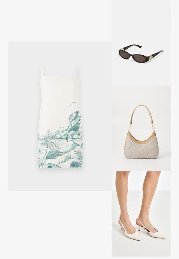 Ärmelloses cremefarbenes Kleid mit einem türkisfarbenen botanischen Landschaftsdrift, der Blätter, Berge und Wasser zeigt, aus leichtem Stoff gefertigt.; Beige Lackleder Slingback-Absätze mit spitzem Fuß und 5 cm Absatz, mit ausgeschnittenen Seiten und einem schmalen Knöchelriemen.; Schildpatt-Sonnenbrille mit länglich-ovalen Gläsern, braunem Farbton, goldenen Logo-Akzenten an den Bügeln und schlanken schwarzen Bügeln.; Beige gemusterte Handtasche mit geschwungener Form, Lederakzenten und einem goldfarbenen Logo auf der Vorderseite. Verfügt über einen kurzen Griff für einfaches Tragen.; Perlen- und Kristallhalskette mit einem runden, perlenbesetzten Design in sanften Farbtönen, das abwechselnd Perlen und funkelnde Akzente zeigt, um den Hals getragen.