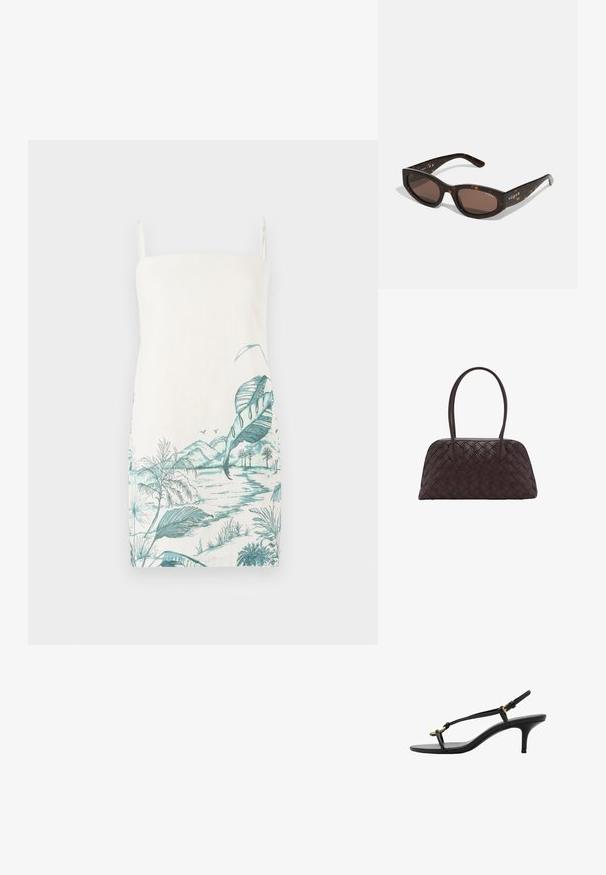 Robe sans manches de couleur crème avec un imprimé botanique turquoise représentant des feuilles, des montagnes et de l'eau, fabriquée en tissu léger.; Sandale à talon aiguille noire en cuir avec des fines bandoulières, boucle dorée et une boucle pour les orteils minimaliste sur fond blanc.; Lunettes de soleil en écaille brune avec une forme rectangulaire, verres marron foncé et marquage "vogue" en or sur les branches.; Sac à main en cuir tissé marron avec une forme arrondie, deux poignées supérieures, et une texture lisse ; présente des coutures discrètes pour le détail du design.; Bagues en résine claire et ambre, l'une lisse et transparente, l'autre avec une finition texturée en ambre. Les deux présentent des designs arrondis et épais.