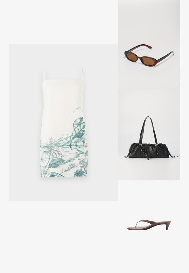 Bezručkov dress krémovej farby so tyrkysovým botanickým vzorom zobrazujúcim listy, hory a vodu, vyrobené z ľahkého materiálu.; Hnedá platformová žabková sandála s úzkym remienkom a zaobleným prstom, s malým zlatým akcentom na podrážke.; Okrúhle slnečné okuliare s hnedým nádychom a lesklým burgundským rámom. Úzke ramená s jemným brandovaním. Plochej šošovky dizajn.; Čierna kožená kabelka s zhromaždeným vrchom, dvoma ramennými popruhmi, zlatými kovovými doplnkami a centrálne umiestneným kruhovým akcentom. Hladká textura, kompaktný tvar.