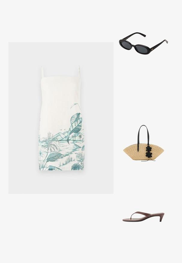 Mouwloze, crèmekleurige jurk met een turquoise botanische landschapsprint met bladeren, bergen en water, gemaakt van lichtgewicht stof.; Bruine hakken flip-flop sandaal met een slanke band en ronde teenpost, met een kleine gouden accent op de voetbed.; Zwarte oversized zonnebril met ovale lenzen, een glad plastic montuur en gouden accenten op de pootjes. Donkere lenzen bieden bescherming tegen de zon.; Strohandtas met een brede, waaiervormige ontwerp, zwarte leren handvatten en zwarte bloemaccenten aan één kant.