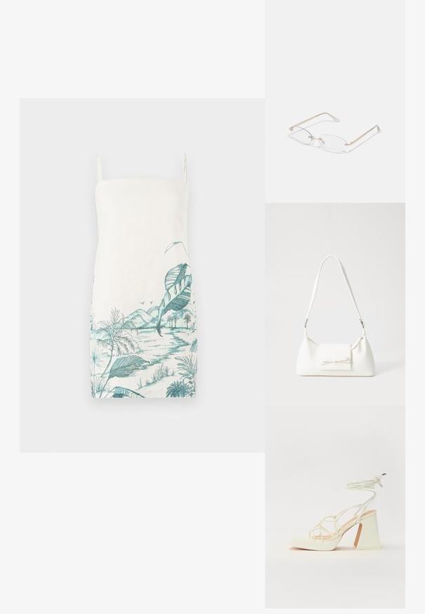 Sleeveless, cream dress with a turquoise botanical landscape print featuring leaves, mountains, and water, made of lightweight fabric.; White high-heeled sandal with a chunky heel, featuring a strappy design and ankle tie. Smooth texture with a platform front for added height.; Gold metal eyeglasses with oval lenses, slim arms, and clear nose pads. Features subtle hinge accents and transparent lenses.; White synthetic handbag with a triangular shape, flat front flap and bow detail, adjustable strap, smooth texture, and minimalistic design.