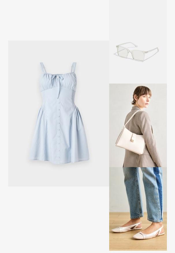 Ljust blå klänning med justerbara axelband, rynkad ringning, knappframsida och smockade sidopaneler. Utsvängd kjol för ökad fyllighet. Slätt bomullstyg.; Ljust rosa slingback-lägenheter med spetsig tå, tillverkade av ett slätt läderliknande material. Har utskurna detaljer på sidorna och en platt häl.; Klart plastfyrkantiga glasögon med genomskinliga linser, med guldfärgade detaljer på bågarna för extra stil.; Vit läderhandväska med en strukturerad design, med en magnetknäppning och en axelrem, visad mot en neutral bakgrund.