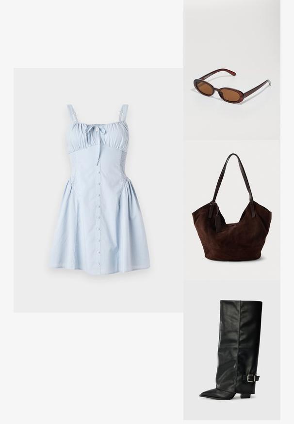Svetlo modra obleka z nastavljivimi naramnicami, nabranim izrezom, gumbastim zapiranjem na sprednji strani in nabranimi stranskimi ploščami. Razširjen krilo doda polnost. Gladko bombažno blago.; Črne usnjene gležnjarje do gležnjev z ostrim nosom, gladko teksturo in srebrnim sponko akcentom na strani. Debel kvadratni peti.; Okrogle, rjavo obarvane sončne naočare z sijočim burgundskim okvirjem. Tanek nosilec s subtilnim logotipom. Oblika leč je ravna.; Rjava semiš torbica z mehko, upogljivo obliko. Ima usnjene ročaje in oznako kot poudarek. Enostavna tekstura s sklenjenimi šivi.
