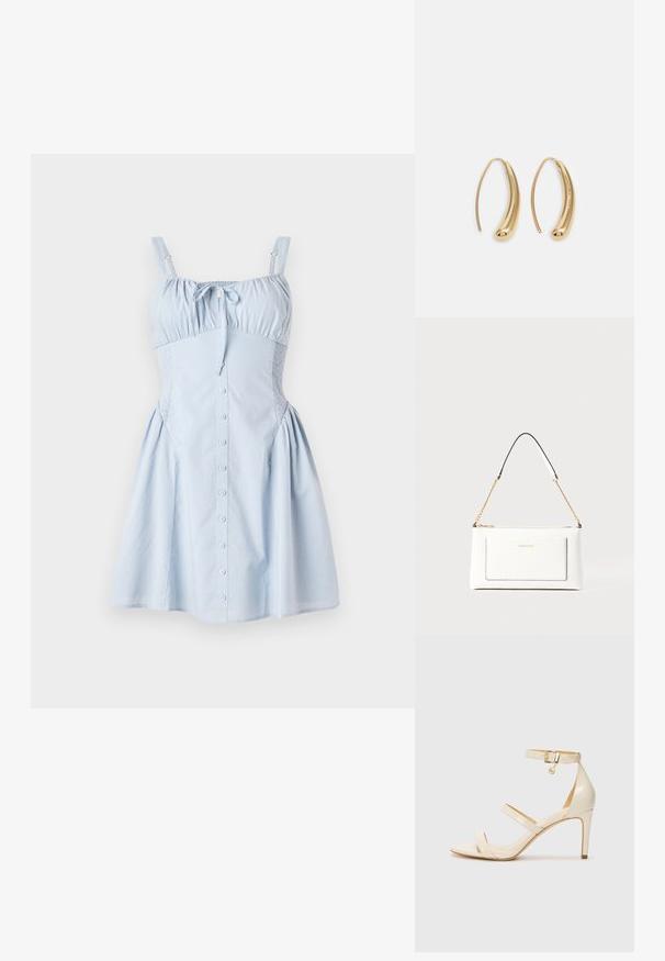 Világoskék ruha állítható pántokkal, redőzött nyakkivágással, gombos elejével és ráncolt oldalsó panelekével. A bő szoknya teltséget ad. Simára szőtt pamut anyag.; Beige magassarkú szandál vékony bokapánttal és két felső pánttal. Fényes lakk felület és arany hardware részlet a bokapánton.; Fehér bőr kézitáska, texturált felülettel, arany lánccal és fekete részletekkel. Elülső zsebbel és cipzáros zárással rendelkezik.; Aranyszínű fémből készült karika fülbevalók ívelt, hosszúkás formával. Simaságával és fényes felületével, valamint lekerekített végével további részletekkel bővül.