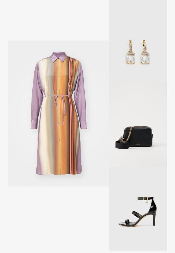 Dlhý rukáv šaty v purpurovo-oranžovom prechode s gombíkmi, viazaním v páse a vertikálnymi pruhmi, vyrobené z hladkej tkaniny.; Čierne lakované sandále s tromi pásikmi, spona na členku a 10 cm ihlovým podpätkom. Obsahujú zlaté detaily s hardwarem a logo prívesok.; Čierna kožená crossbody taška so zlatými reťazovými akcentmi, so zipsom na uzatvorenie a odnímateľným látkovým popruhom. Logo Michael Kors na prednej strane.; Náušnice v zlatej farbe, ktoré majú obdĺžnikový, transparentný kryštál visiaci pod radom malých, guľatých, čírych akcentov. Elegantný, moderný dizajn.