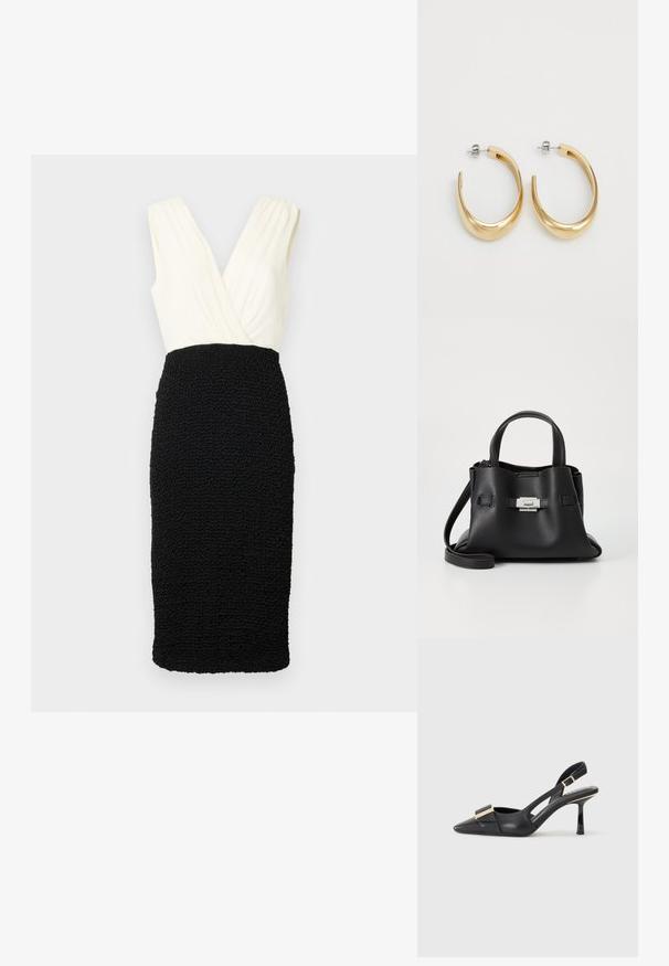 Černobílé šaty s výstřihem do V; vršek je vyroben z hladkého materiálu, zatímco spodní část má strukturovaný, zmačkaný design. Bez rukávů.; Černá kožená slingback obuv s špičatou špičkou, štíhlým podpatkem a akcenty zlaté barvy na vředu. Hladká textura a strukturovaný design.; Černá kožená kabelka s texturovaným povrchem, vybavená dvěma horními uchy, odnímatelným ramenním popruhem a stříbrným detailem s uzávěrem.; Zlaté kroužkové náušnice s hladkým, zakřiveným designem. Vyrobené z kovu, mají elegantní povrchovou úpravu a uzávěr s hrotem.