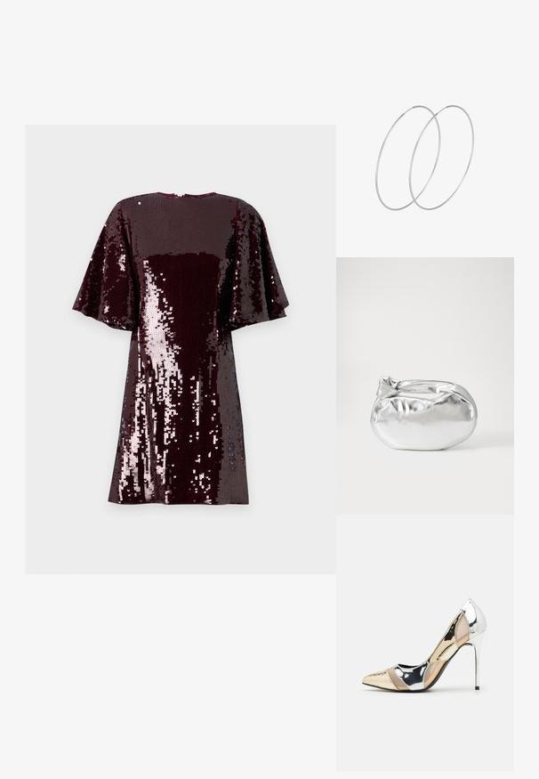 Burgundy paljettklänning med smal passform, korta volangärmar och en solid, texturerad yta. Elegant design med reflexiva paljetter.; Spetsig tå högklackad sko med en färgpalett av silver, guld och nude. Glansig yta med utskärningsdesign, utrustad med en stilettklack.; Silverfärgad metallisk påse med en mjuk, rundad form och en knutstängning upptill. Tillverkad av ett mjukt material i konstläder.; Silverfärgade hoopörhängen med en minimalistisk design. Cirkulär form, slät yta och tunn profil. Lätta med en polerad finish.