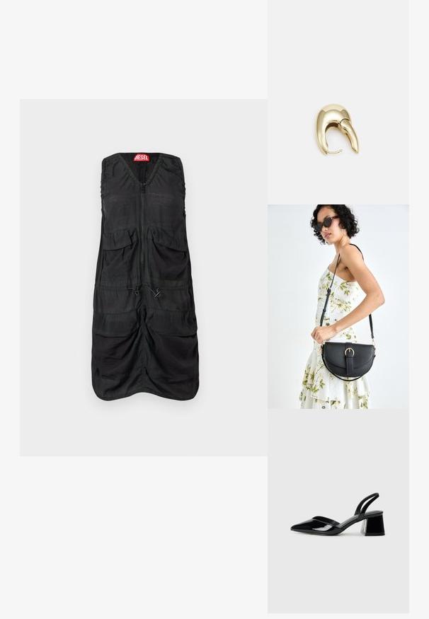 Crna haljina bez rukava s V-izrezom, prednim zatvaračem i dva velika džaepa. Ima nabranu teksturu i naglaske s vezicom za prilagodbu kroja.; Crne lakirane kožne sandale s otvorenom petom i špicastim vrhom, s geometrijskom blok petom. Imaju elegantan, minimalistički dizajn i glatku teksturu.; Crna kožna torba s lukovitim oblikom, odvojivim remenom i zlatnim detaljima. Torba ima preklop s kopčom.; Zlatne metalne naušnice s elegantnim, zakrivljenim dizajnom. Imaju karakterističan šiljast oblik, poliranu površinu i zatvaranje na šarku.