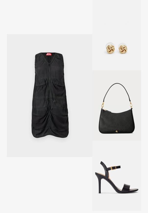 Čierne bezrukávové šaty s výstrihom do V, predným zipsom a dvoma veľkými vreckami. Majú zhlúčkovanú textúru a akcenty so šnúrkou na úpravu veľkosti.; Čierne sandále na vysokom podpätku s hladkým koženým vrchom, otvorenou špičkou a dizajnom s jedným pásikom s akcentom zlatého spony.; Čierna kožená kabelka so štruktúrovaným dizajnom, vybavená zipsovým uzáverom, odnímateľným popruhom a zlatými hardvérovými akcentmi.; Náušnice s uzlom v zlatej farbe s prekrúteným dizajnom. Každá náušnica má kruhové priehľadné pozadie pre bezpečné nosenie.