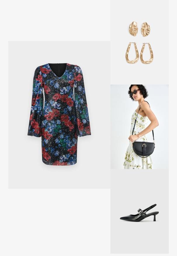 Vestido preto com flores e lantejoulas; apresenta mangas longas e bufantes, decote em V e padrões vivos em vermelho, azul e verde. Fecho nas costas com zíper.; Saltos slingback em verniz preto com bico pontiagudo e um pequeno salto bloco, apresentando um detalhe de fivela prateada na tira.; Bolsa de couro preta com forma curva, alça destacável e detalhes em dourado. A bolsa possui uma aba com detalhe de fivela.; Brincos em tom de ouro com formas onduladas e texturizadas. Inclui studs escultóricos com presilha e um design de argola aberta com um acabamento martelado.